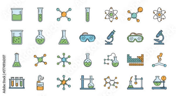 Fototapeta A vibrant and diverse collection of chemistry-themed outline-style icons, perfect for graphic design projects, app development, and social network content. This ordered set features cartoon