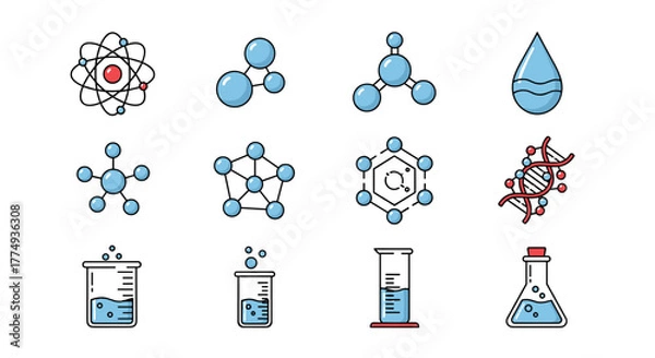 Fototapeta Collection of flat icons representing scientific concepts including atoms, molecules, DNA strands, water drops, and laboratory equipment like beakers and flasks, perfect for educational or