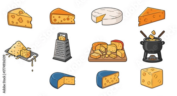 Fototapeta A delightful collection of cheese illustrations, featuring wedges, rounds, grated cheese, and a fondue pot, presented as cartoon vector graphics. This set includes various cheese types like cheddar