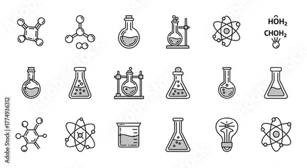 Fototapeta Collection of Chemistry-Related Line Icons with Editable Stroke for Design, Websites, Apps, and Cards, featuring Linear Images of Chemical Compounds, Laboratory Equipment, Atoms, and a Lightbulb