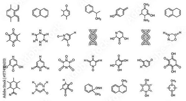 Fototapeta Collection of chemical compound outline signs, featuring editable stroke, perfect for infographics, articles, books, flyers, and banners, presented as a vector cartoon illustration with clean lines