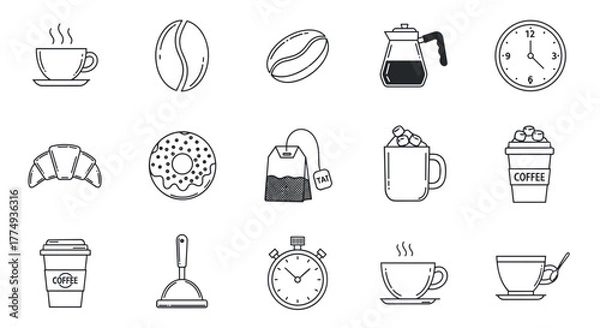 Fototapeta A comprehensive collection of line art icons representing a coffee break, featuring steaming coffee cups, coffee beans, a croissant, a donut, a tea bag, a French press, a stopwatch, a clock, and