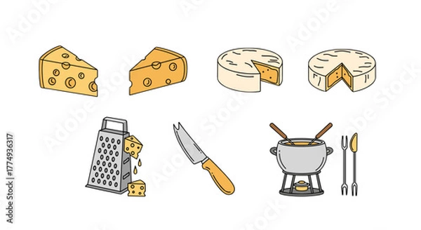 Fototapeta Set of delicious cheese icons, including wedges of Swiss cheese with holes, whole wheels of Brie or Camembert, a cheese grater with falling cheese shreds, a knife, and a fondue pot with forks