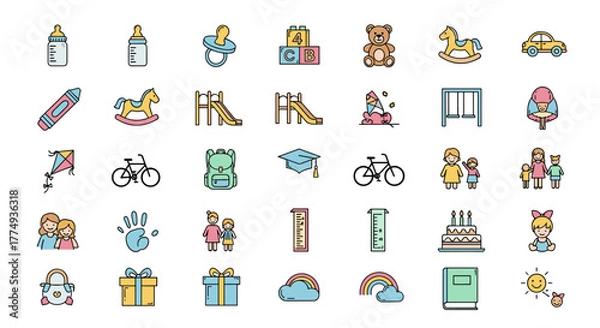Fototapeta Vibrant Childhood Line Icon Collection: A versatile set of editable stroke icons perfect for infographics, articles, books, flyers, and banners, featuring a charming vector cartoon illustration style