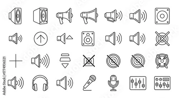 Fototapeta Collection of Loud Speaker Related Line Icons: Outline Signs for Graphic and Web Design, Apps, Advertisements, Various Cards, Vector Cartoon Illustration with White Background. Modern and Simple