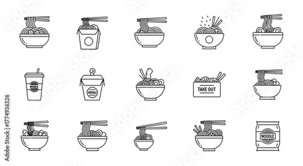 Fototapeta Collection of minimalist line icons representing various noodle dishes and related food items, including bowls of ramen, take-out containers, and drinks, perfect for web design, graphic design, apps