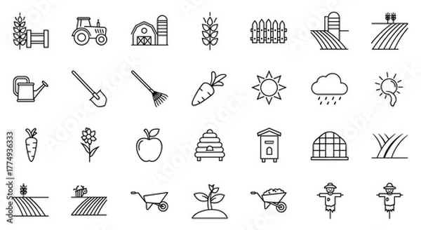Fototapeta Collection of outline symbols representing field, farm, and garden elements, ideal for apps, websites, banners, and infographics. This vector set includes icons for agriculture, gardening tools