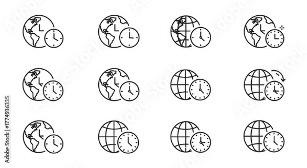 Fototapeta Collection of twelve outline icons depicting a clock face next to a globe or Earth, symbolizing time zones, global time, and travel, perfect for graphic and web design, apps, advertisements, and