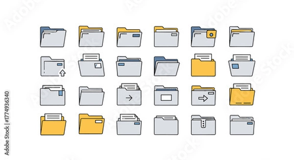 Fototapeta Collection of 24 vivid, modern, and clean vector icons representing computer folders and files, suitable for web, apps, and graphic design. Includes editable stroke and a black background, perfect
