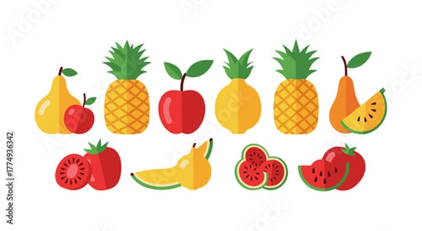 Fototapeta A vibrant collection of flat-style fruit icons, showcasing a tropical selection with simple, modern shapes. This assortment includes pineapples, pears, apples, tomatoes, and watermelon slices, all
