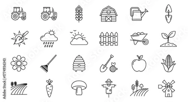 Fototapeta Collection of outline symbols representing field, farm, and garden elements, meticulously drawn with thin lines, ideal for applications, websites, banners, infographics, and diverse design projects