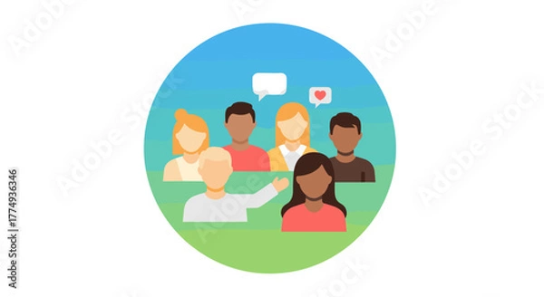 Fototapeta Diverse group of people communicating and sharing ideas within a community, represented by flat design icons with speech bubbles and a heart icon, symbolizing connection and social interaction in a