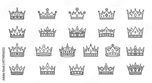 Fototapeta Modern Outline Style Crown Icons for Design, Cards, Apps, Social Networks, Vector Cartoon Illustration with a White Background, Ordered Set of Royal Symbols Representing Power, Authority, and