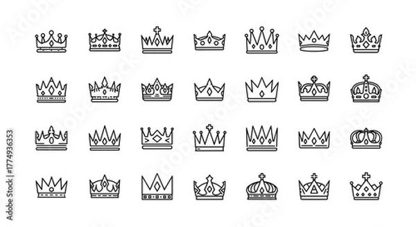 Fototapeta A collection of 30 diverse crown line icons, presented in a clean outline style on a white background, perfect for graphic design, web applications, advertisements, and various card designs, offering
