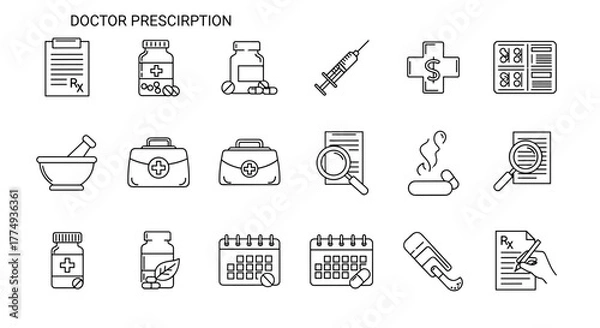 Fototapeta A comprehensive set of doctor prescription icons, featuring a prescription pad, medicine bottles, pills, a syringe, a mortar and pestle, a first aid kit, a magnifying glass, and a calendar, all