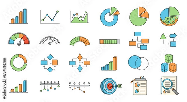 Fototapeta Collection of colorful vector graphics illustrating business and data concepts, including bar charts, line graphs, pie charts, progress bars, flowcharts, Venn diagrams, target icons, and magnifying