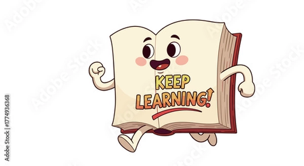 Fototapeta Adorable cartoon book character with a cheerful expression, running energetically while displaying the motivational message "KEEP LEARNING!" with an upward arrow, symbolizing progress and continuous