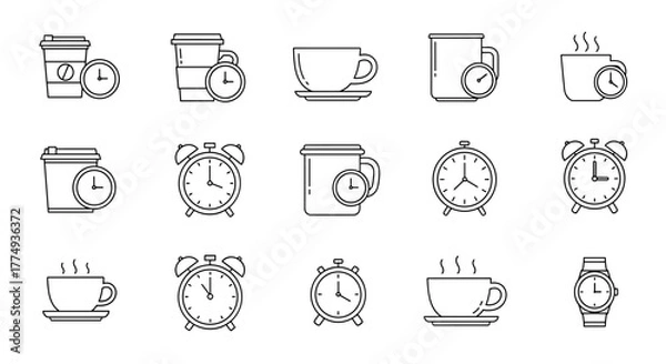 Fototapeta Collection of minimalistic outline icons representing various cups and clocks, perfect for web and graphic design, apps, banners, social networks, and cards. This vector cartoon illustration features