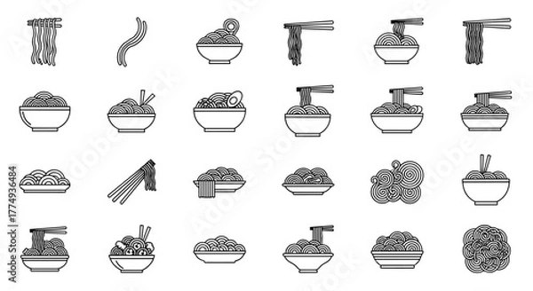 Fototapeta Collection of noodle icons and symbols in outline style, perfect for graphic and web design, apps, adverts, and various cards. This vector cartoon illustration features a white background and an