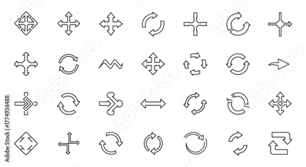 Fototapeta Diverse Collection of Arrow Line Icons: A Comprehensive Set of Outline Signs for Graphic Design, Web Development, App Interfaces, Advertisements, and More. This Vector Illustration Features Various