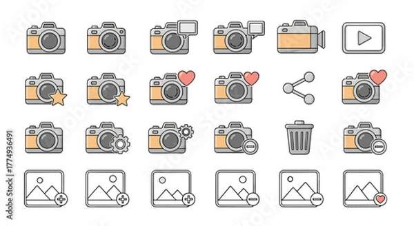 Fototapeta Collection of outline icons representing cameras, video cameras, and image-related actions like adding, deleting, sharing, liking, and settings, perfect for digital interfaces, infographics, and
