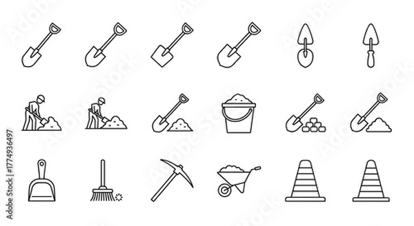Fototapeta Collection of shovel-related line icons, featuring outline signs for graphic and web design, apps, adverts, and various cards. This vector cartoon illustration includes a white background, showcasing