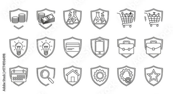 Fototapeta Collection of simple linear shield outline icons representing business, finance, science, and lifestyle concepts, including money, coins, lab flasks, shopping carts, lightbulbs, credit cards