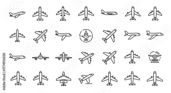 Fototapeta Minimalistic linear pictogram of a plane or airplane, perfect for web and graphic design, apps, banners, social networks, and cards. This vector cartoon illustration is a versatile and modern graphic
