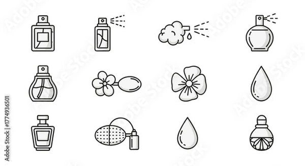 Fototapeta Collection of elegant perfume bottles and fragrance elements, including spray bottles, atomizers, flower motifs, and scent drops, presented as clean, modern vector icons on a black background