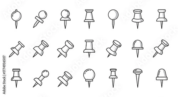 Fototapeta Collection of thin icons of push pins for school and office, with editable stroke, suitable for websites, books, cards, and apps. Vector cartoon illustration with a clean, modern aesthetic, perfect