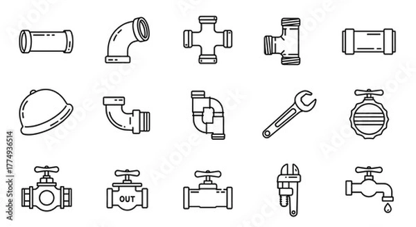 Fototapeta Set of thin line icons representing plumbing and construction elements, including various pipe fittings, valves, wrenches, and a hard hat, suitable for web, print, and app design, presented as a