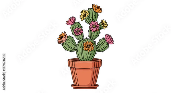 Fototapeta Vibrant Potted Cactus with Blooming Flowers, Isolated on White Background: A Charming Vector Hand-Drawn Illustration Capturing Desert Beauty and Botanical Delights with a Touch of Whimsy and Color