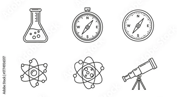 Fototapeta Modern Line Icon Pack for Science and Exploration: Featuring a Laboratory Flask, Compass, Atomic Model, and Telescope, perfect for web design, apps, and educational materials, presented as clean