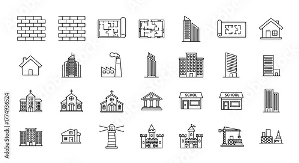 Fototapeta Collection of outline icons representing various architectural elements and buildings, including brick walls, floor plans, houses, factories, churches, schools, castles, lighthouses, and construction