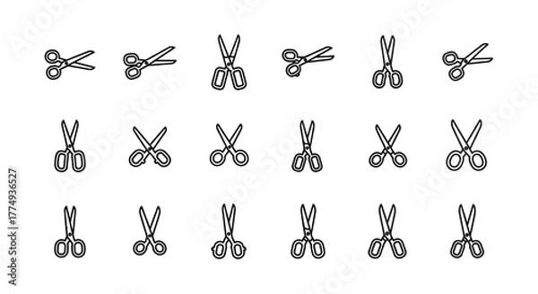 Fototapeta Minimalistic outline icons of scissors in various orientations and styles, perfect for web and graphic design, apps, banners, social networks, and cards. This vector cartoon illustration features a