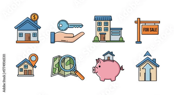 Fototapeta Collection of stylized vector illustrations representing various aspects of real estate, including houses, keys, a piggy bank for savings, a map with a location pin, and a 'for sale' sign, all