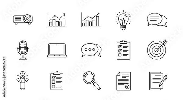 Fototapeta Collection of 15 business and finance line icons, including projector, bar charts, lightbulb, speech bubbles, microphone, laptop, clipboard with checklist, target, magnifying glass, document, and