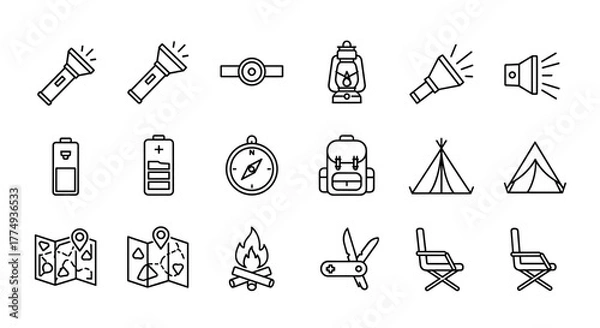 Fototapeta Set of camping flashlight related line icons, outline signs for graphic and web design, apps, adverts, various cards, vector cartoon illustration. A collection of minimalist symbols representing