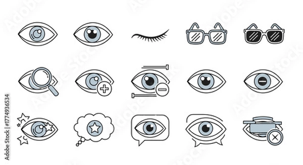 Fototapeta Collection of eye and glasses related line icons, featuring outline signs for graphic and web design, apps, adverts, and various cards. This vector cartoon illustration includes symbols for vision