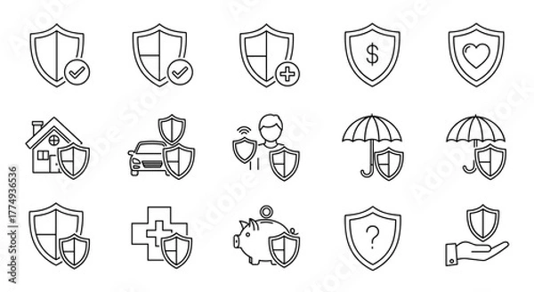 Fototapeta Collection of outline shield and insurance line icons, representing security, protection, and safety for graphic and web design, apps, adverts, and various cards. This vector cartoon illustration