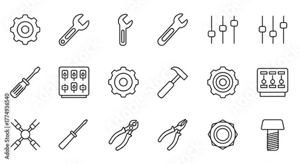 Fototapeta Collection of thin line icons representing various tools and settings, perfect for web, books, cards, and apps. This editable stroke vector cartoon illustration features gears, wrenches