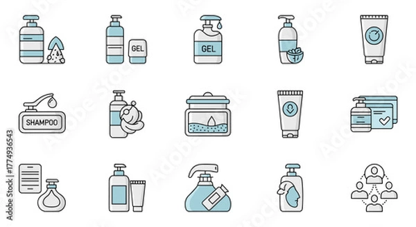 Fototapeta A curated collection of minimalistic linear pictograms representing shampoo, gel, and skincare products, perfect for web design, graphic design, app interfaces, social media banners, and digital