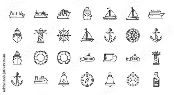Fototapeta Collection of outline icons representing various nautical and maritime elements, including ships, sailboats, submarines, lighthouses, anchors, lifebuoys, ship wheels, compasses, and bells, designed