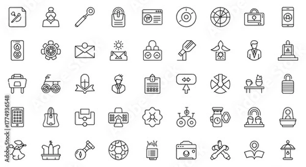 Fototapeta Collection of simple, isolated line icons on a white background, featuring editable strokes suitable for web, books, cards, and apps. This vector cartoon illustration includes diverse symbols like