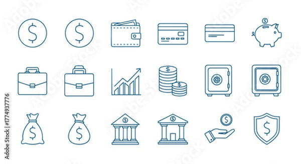 Fototapeta Set of blue outline icons related to money and finance, including dollar coins, wallets, credit cards, piggy banks, briefcases, graphs, stacks of coins, safes, money bags, banks, hand with coin, and