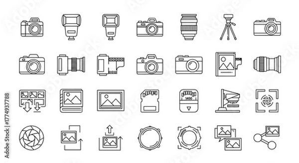 Obraz Comprehensive outline vector icon set for photography, featuring cameras, lenses, flashes, tripods, memory cards, and image editing symbols. This collection of linear style conceptual pictograms