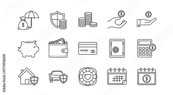 Fototapeta Collection of money and insurance-related line icons, including money under umbrella, shield, stacked coins, piggy bank, wallet, credit card, safe, calculator, and calendar, suitable for graphic and
