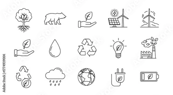 Fototapeta A comprehensive line icon set for environmental themes, showcasing nature, wildlife, renewable energy sources like solar and wind power, recycling symbols, water drops, and eco-friendly technology