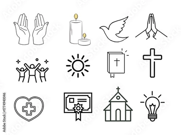 Obraz Christian Faith Icon Set – Bible, Cross, Prayer, Church, and Worship Vector Icons on White Background