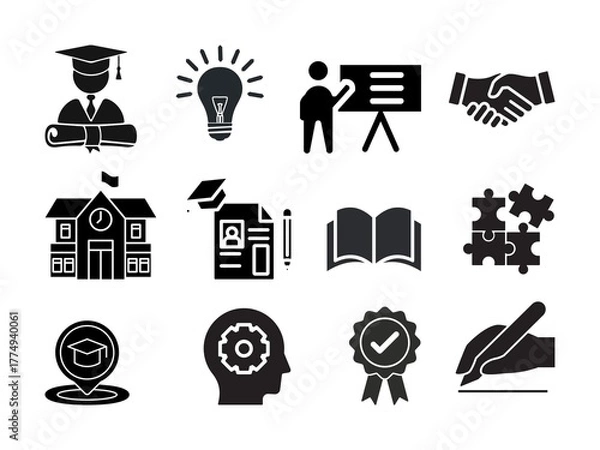 Obraz Education and School Icon Set – Learning, Study, Classroom, and Online Education Vector Icons on White Background